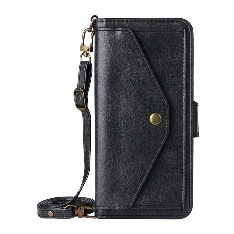 For Honor 400 5G (Global) Leather Case Magnetic Closure Wallet Stand Phone Cover with Crossbody Strap - Black
