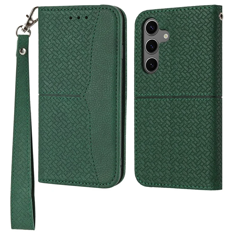 Funda de Cuero PU con Textura Tejida para Samsung Galaxy S25 FE con Correa de Muñeca - Verde