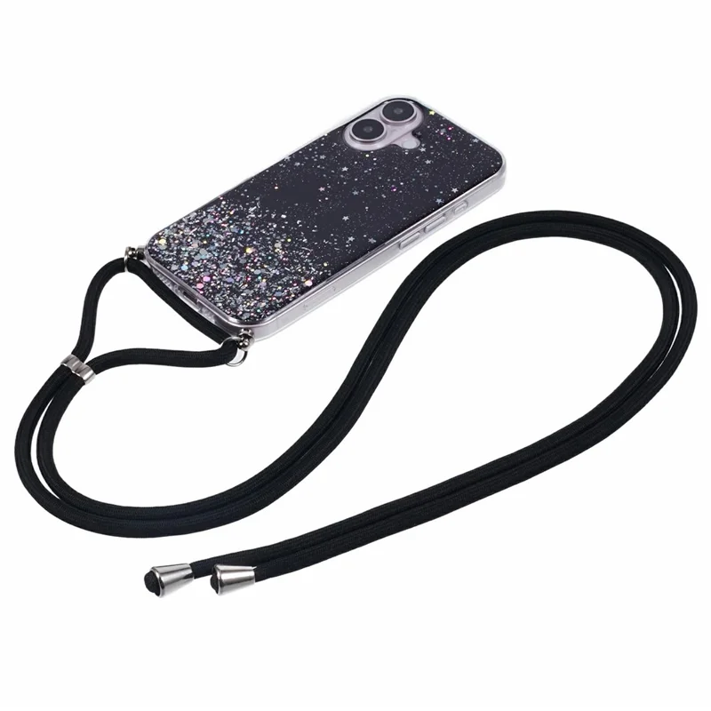 For iPhone 17 Case Cute Bling TPU Epoxy Phone Cover with Lanyard - Black