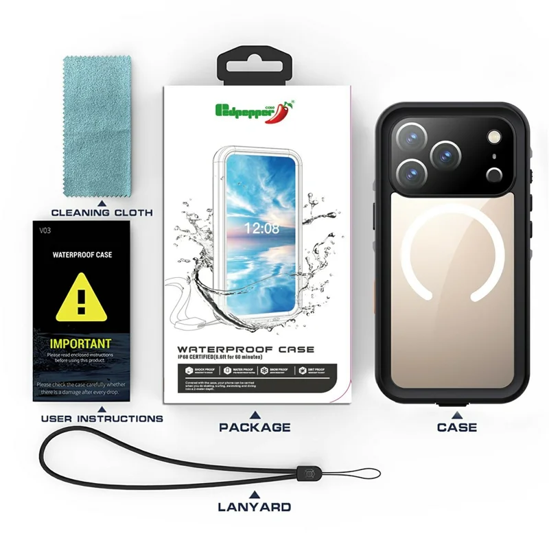 REDPEPPER Dot+ Series For iPhone 17 Pro Cellphone Case Compatible with MagSafe IP68 Waterproof Clear Back Phone Cover - Black