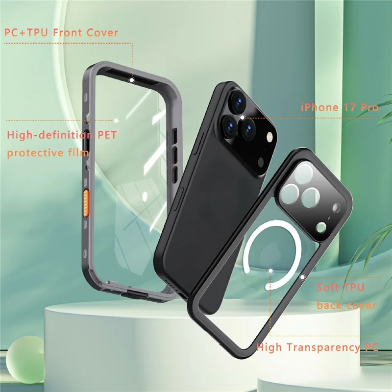 REDPEPPER Dot+ Series For iPhone 17 Pro Cellphone Case Compatible with MagSafe IP68 Waterproof Clear Back Phone Cover - Black