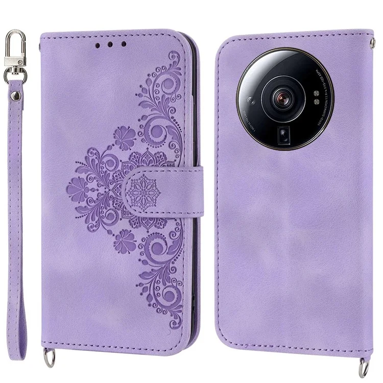 For Xiaomi 12S Ultra 5G Imprinted Flowers Skin-touch PU Leather Stand Case Wallet Multiple Card Slots Phone Cover with Wrist Strap and Shoulder Strap - Light Purple