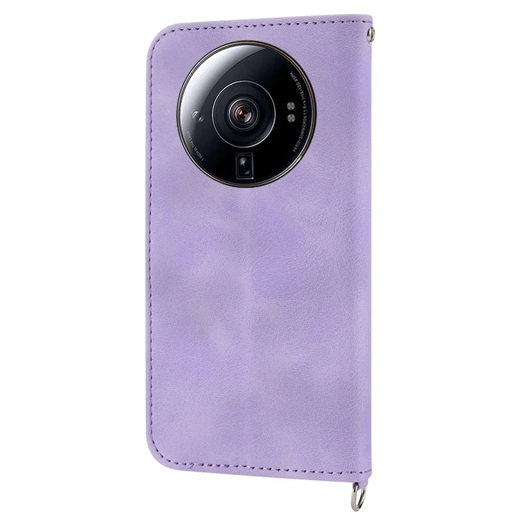 For Xiaomi 12S Ultra 5G Imprinted Flowers Skin-touch PU Leather Stand Case Wallet Multiple Card Slots Phone Cover with Wrist Strap and Shoulder Strap - Light Purple