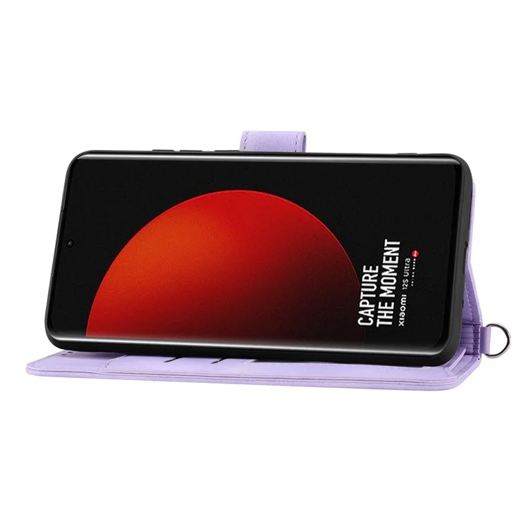 For Xiaomi 12S Ultra 5G Imprinted Flowers Skin-touch PU Leather Stand Case Wallet Multiple Card Slots Phone Cover with Wrist Strap and Shoulder Strap - Light Purple