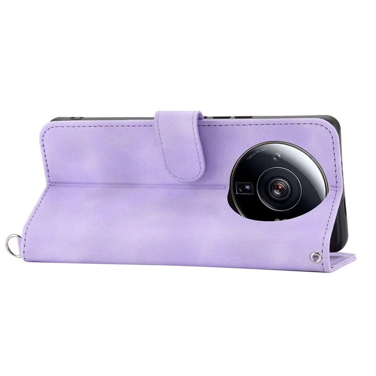 For Xiaomi 12S Ultra 5G Imprinted Flowers Skin-touch PU Leather Stand Case Wallet Multiple Card Slots Phone Cover with Wrist Strap and Shoulder Strap - Light Purple