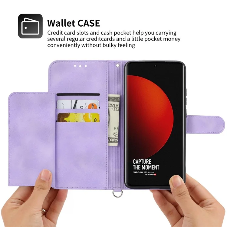 For Xiaomi 12S Ultra 5G Imprinted Flowers Skin-touch PU Leather Stand Case Wallet Multiple Card Slots Phone Cover with Wrist Strap and Shoulder Strap - Light Purple