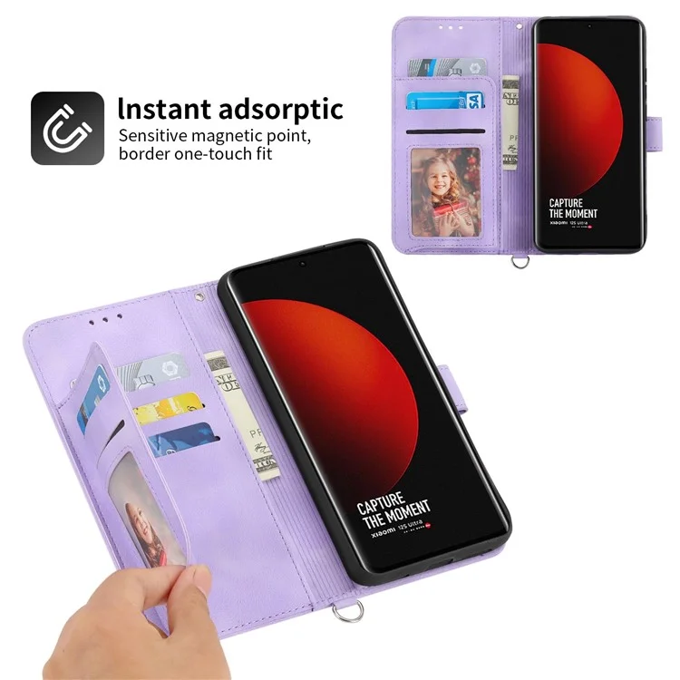 For Xiaomi 12S Ultra 5G Imprinted Flowers Skin-touch PU Leather Stand Case Wallet Multiple Card Slots Phone Cover with Wrist Strap and Shoulder Strap - Light Purple