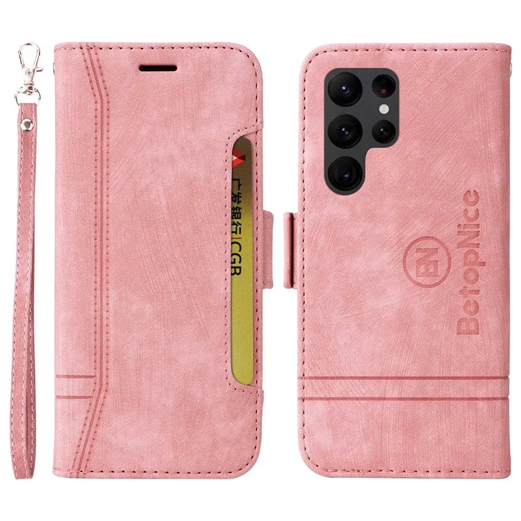 BETOPNICE 001 For Samsung Galaxy S23 Ultra Anti-scratch PU Leather Phone Case Wallet Stand Imprinted Stitching Line Inner TPU Phone Cover - Pink
