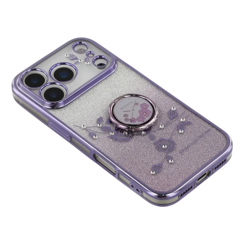 KADEM For iPhone 17 Pro Max Case Ring Kickstand TPU Flowers Phone Cover Gradient Glitter - Purple