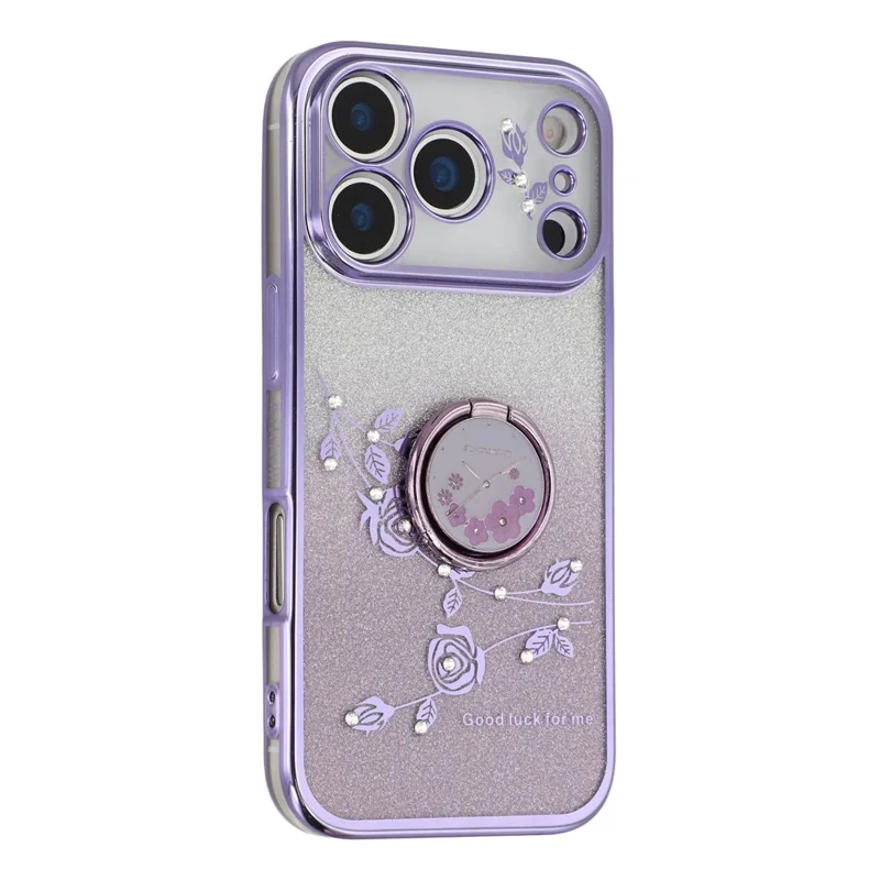 KADEM Per iPhone 17 Pro Cover con Anello Supporto TPU Fiori Cover Telefono Sfumato Glitter - Viola
