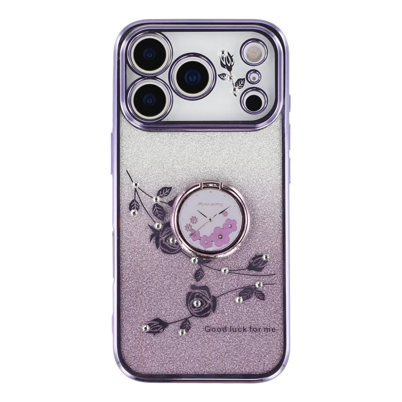 KADEM Per iPhone 17 Pro Cover con Anello Supporto TPU Fiori Cover Telefono Sfumato Glitter - Viola