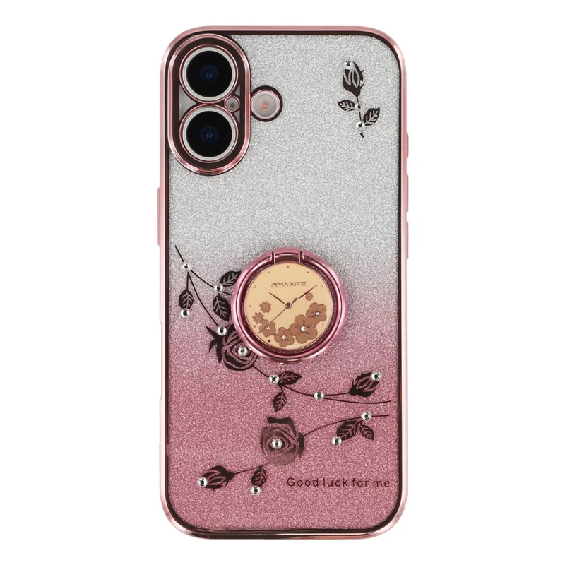 KADEM Per iPhone 17 Custodia Anello Supporto TPU Fiori Custodia Telefono Gradiente Glitter - Rosa Oro