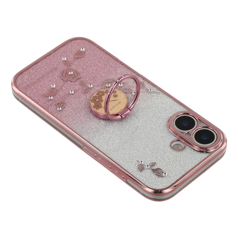 KADEM Per iPhone 17 Custodia Anello Supporto TPU Fiori Custodia Telefono Gradiente Glitter - Rosa Oro