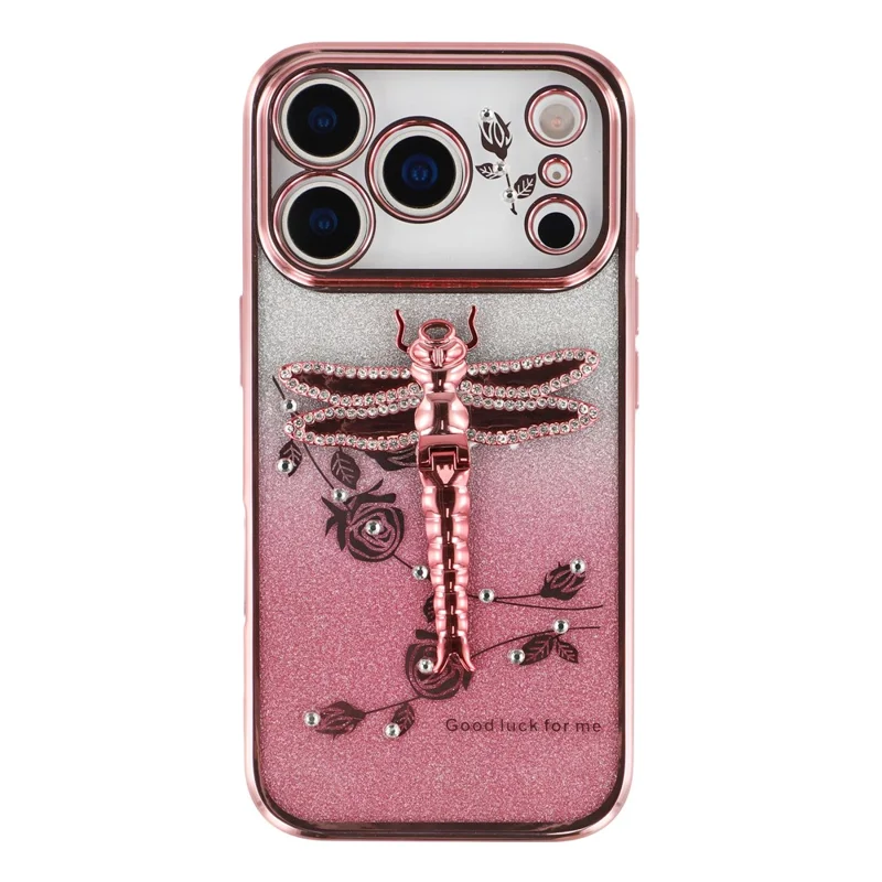 KADEM For iPhone 17 Pro Case Dragonfly Kickstand TPU Flowers Glitter Phone Cover - Pink