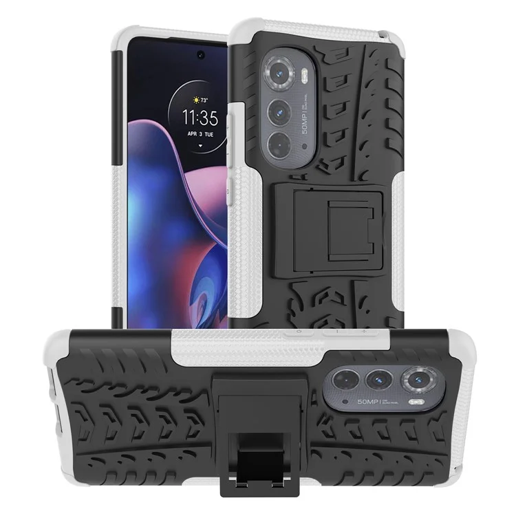 Pour Motorola Edge (2022) 5G Cool Tire Pattern Kickstand Protective Cover pc + Tpu Anti-drop Phone Back Back - Blanche