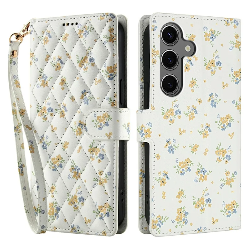 For Samsung Galaxy S25 / S24 Wallet Case Rhombic Floral Design Leather Flip Phone Cover with Strap - A5