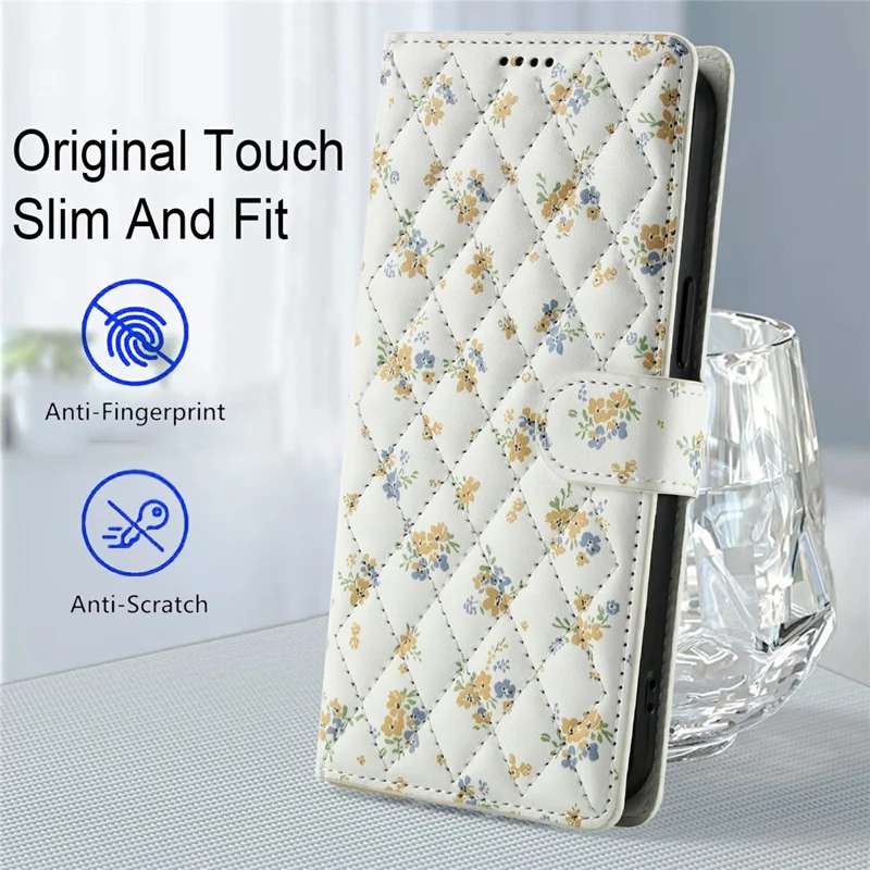 For Samsung Galaxy S25 / S24 Wallet Case Rhombic Floral Design Leather Flip Phone Cover with Strap - A5