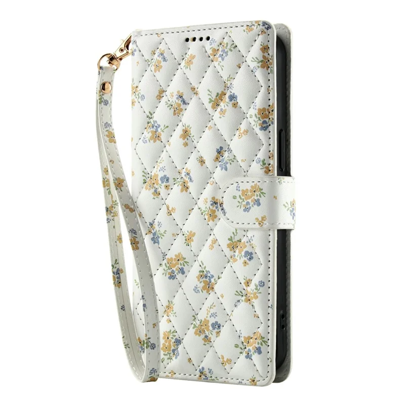 For Samsung Galaxy S25 / S24 Wallet Case Rhombic Floral Design Leather Flip Phone Cover with Strap - A5