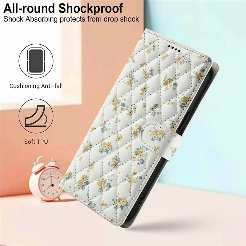 For Samsung Galaxy S25 / S24 Wallet Case Rhombic Floral Design Leather Flip Phone Cover with Strap - A5