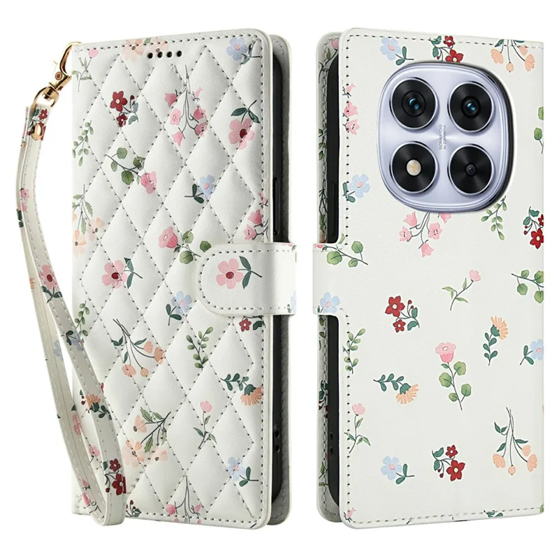 Pour Xiaomi Redmi Note 14 Pro 4G Étui Portefeuille Motif Floral Losange en Cuir avec Dragonne - A1