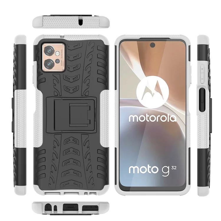 Для Motorola Moto G32 4G Cool Tyre Pattern PC+TPU Чехол для телефона Противоударная защитная крышка с подставкой - Белый