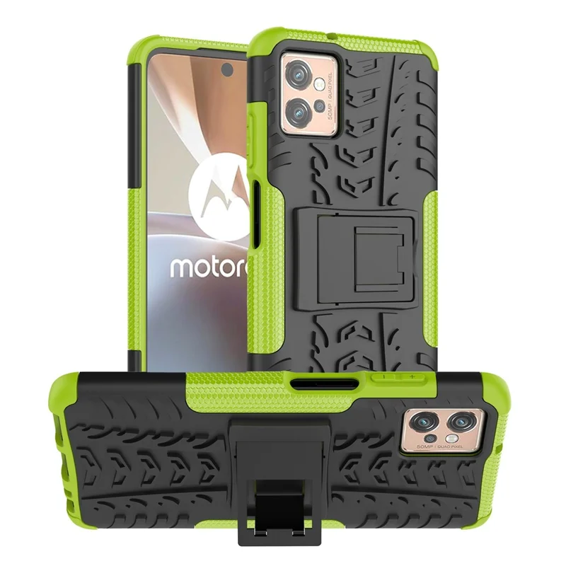 For Motorola Moto G32 4G Cool Tyre Pattern PC+TPU Phone Back Case Shockproof Protective Cover with Kickstand - Green
