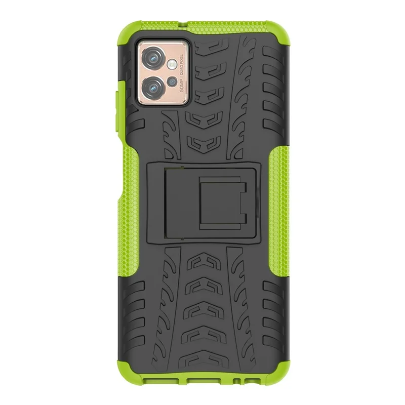 For Motorola Moto G32 4G Cool Tyre Pattern PC+TPU Phone Back Case Shockproof Protective Cover with Kickstand - Green
