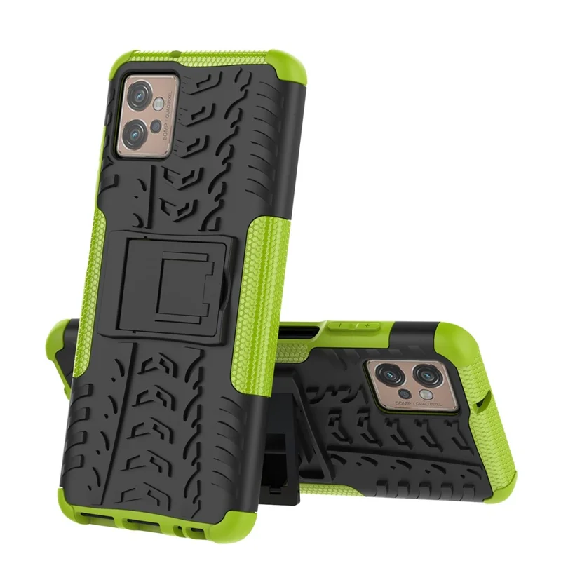 For Motorola Moto G32 4G Cool Tyre Pattern PC+TPU Phone Back Case Shockproof Protective Cover with Kickstand - Green