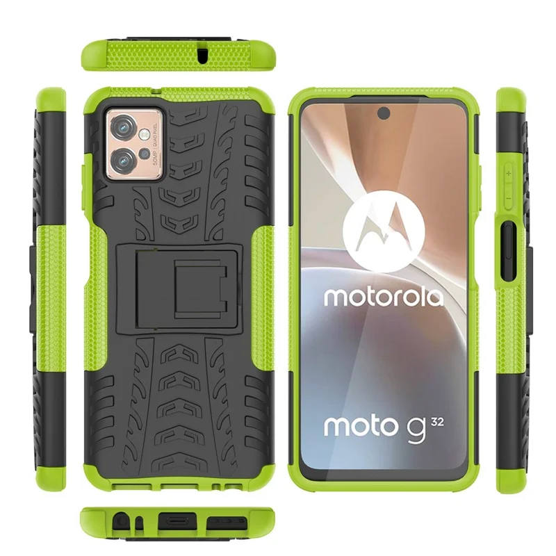 For Motorola Moto G32 4G Cool Tyre Pattern PC+TPU Phone Back Case Shockproof Protective Cover with Kickstand - Green