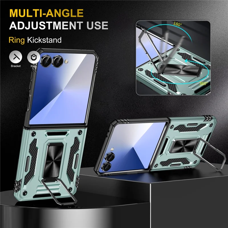 For Samsung Galaxy Z Flip7 5G Case Kickstand Slide Lens Lid PC + TPU Drop - Green
