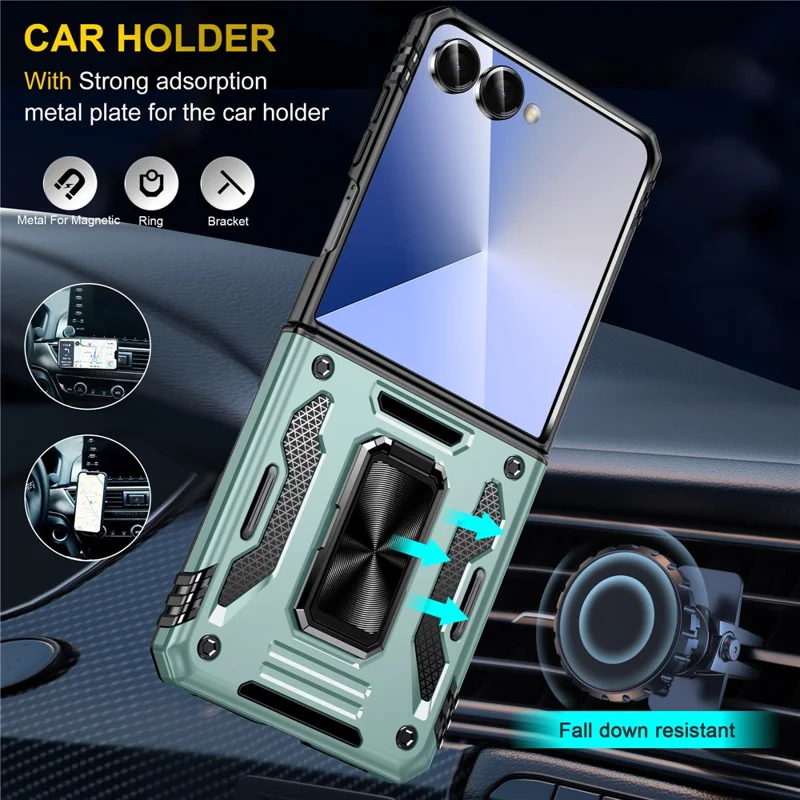 For Samsung Galaxy Z Flip7 5G Case Kickstand Slide Lens Lid PC + TPU Drop - Green
