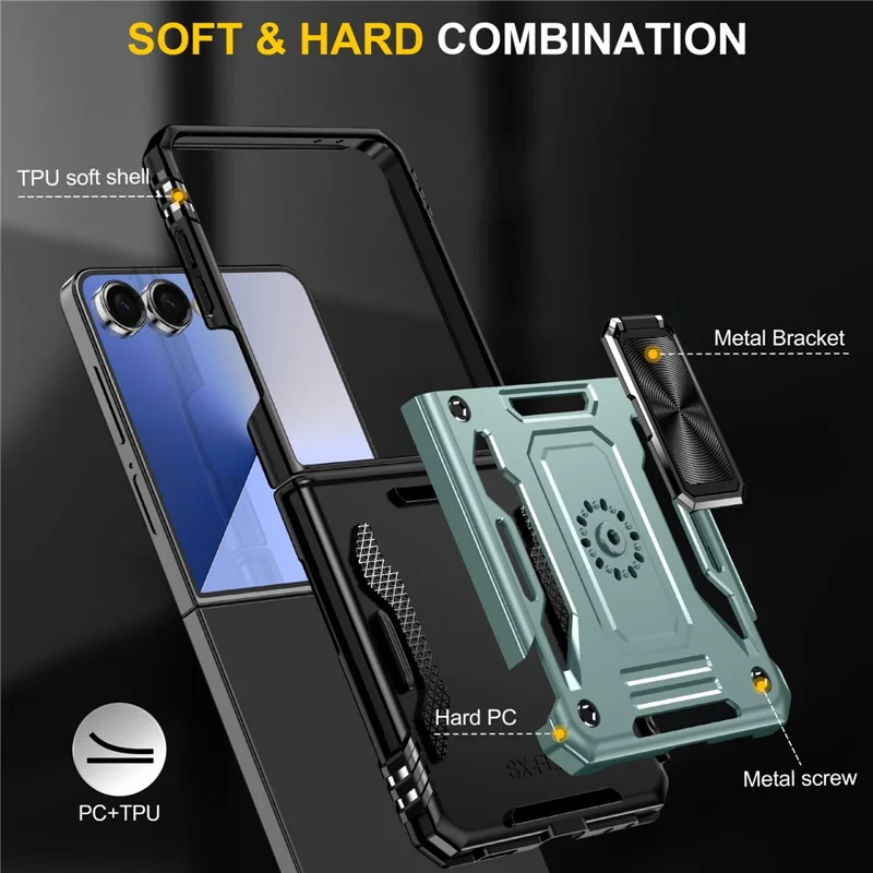 For Samsung Galaxy Z Flip7 5G Case Kickstand Slide Lens Lid PC + TPU Drop - Green