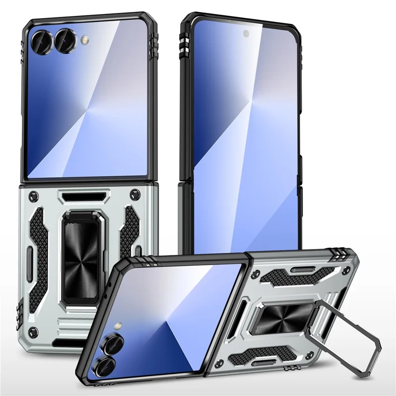 For Samsung Galaxy Z Flip7 5G Case Kickstand Slide Lens Lid PC + TPU Drop-Proof Phone Cover - Grey