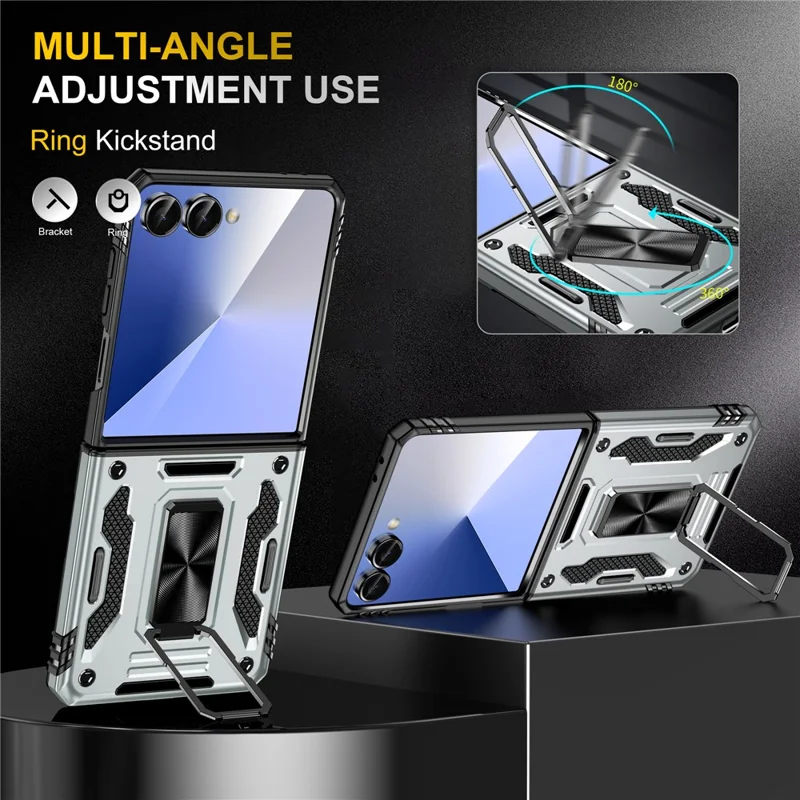 For Samsung Galaxy Z Flip7 5G Case Kickstand Slide Lens Lid PC + TPU Drop-Proof Phone Cover - Grey