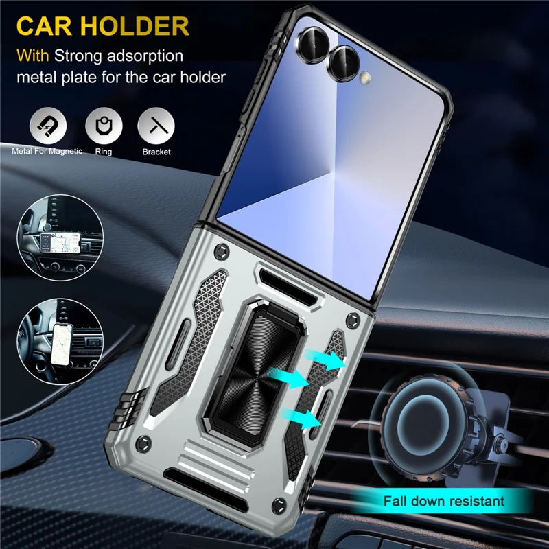 For Samsung Galaxy Z Flip7 5G Case Kickstand Slide Lens Lid PC + TPU Drop-Proof Phone Cover - Grey