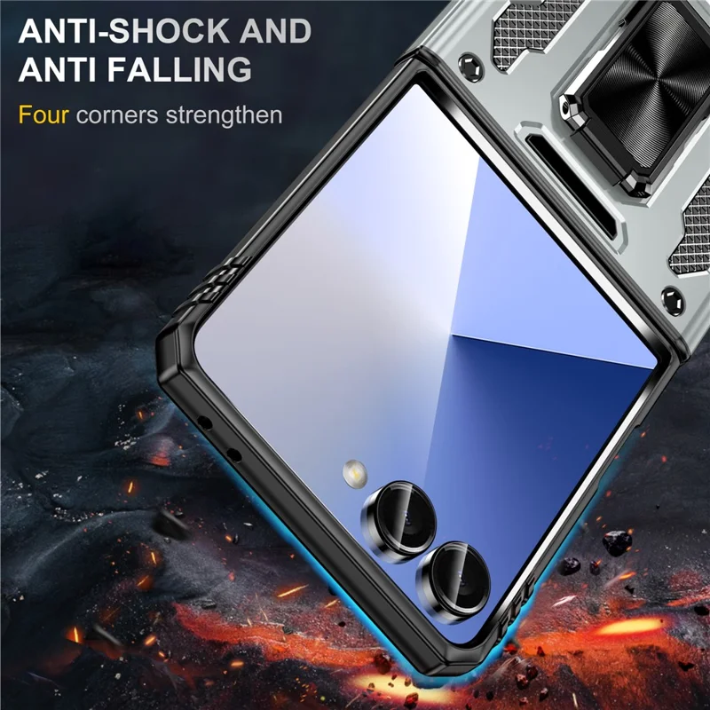 For Samsung Galaxy Z Flip7 5G Case Kickstand Slide Lens Lid PC + TPU Drop-Proof Phone Cover - Grey