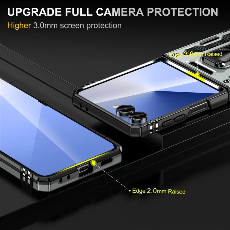 For Samsung Galaxy Z Flip7 5G Case Kickstand Slide Lens Lid PC + TPU Drop-Proof Phone Cover - Grey