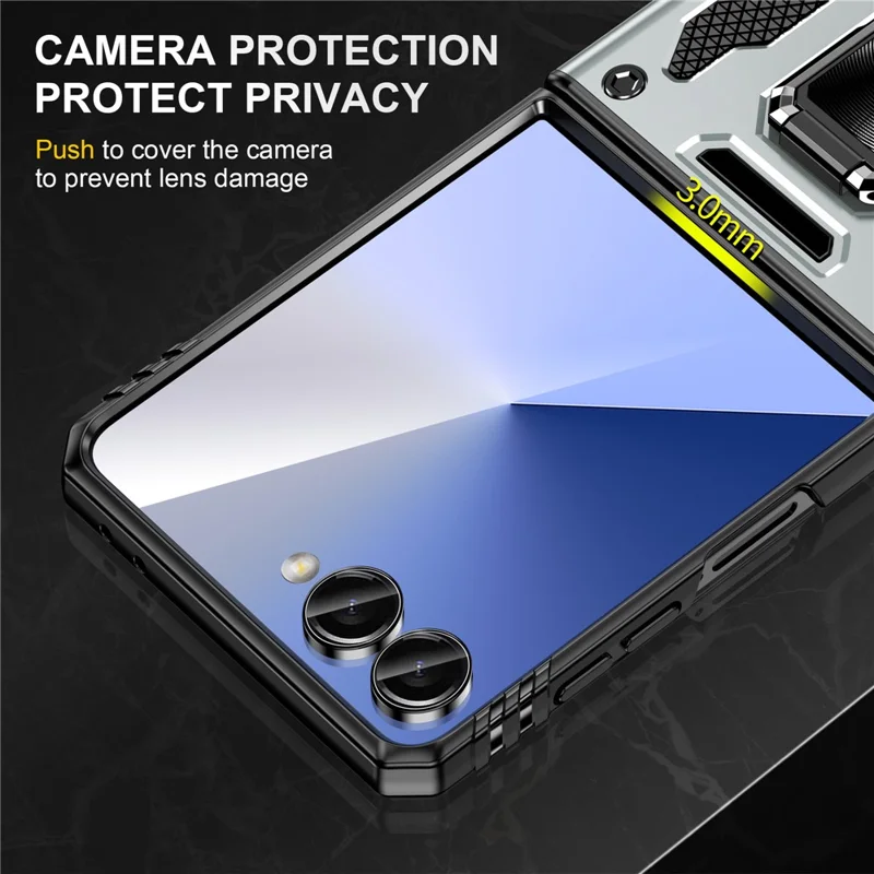 For Samsung Galaxy Z Flip7 5G Case Kickstand Slide Lens Lid PC + TPU Drop-Proof Phone Cover - Grey
