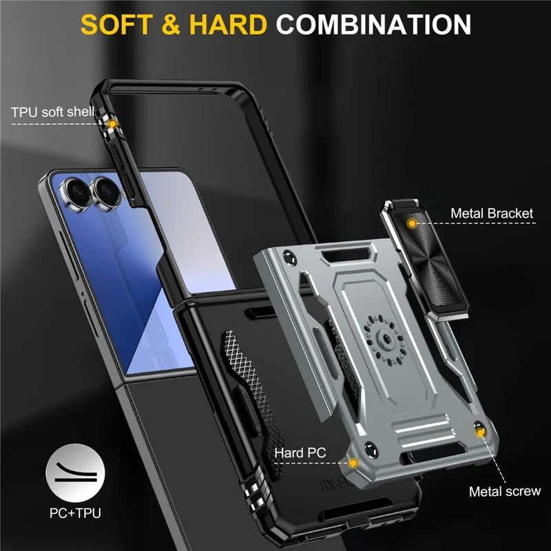 For Samsung Galaxy Z Flip7 5G Case Kickstand Slide Lens Lid PC + TPU Drop-Proof Phone Cover - Grey