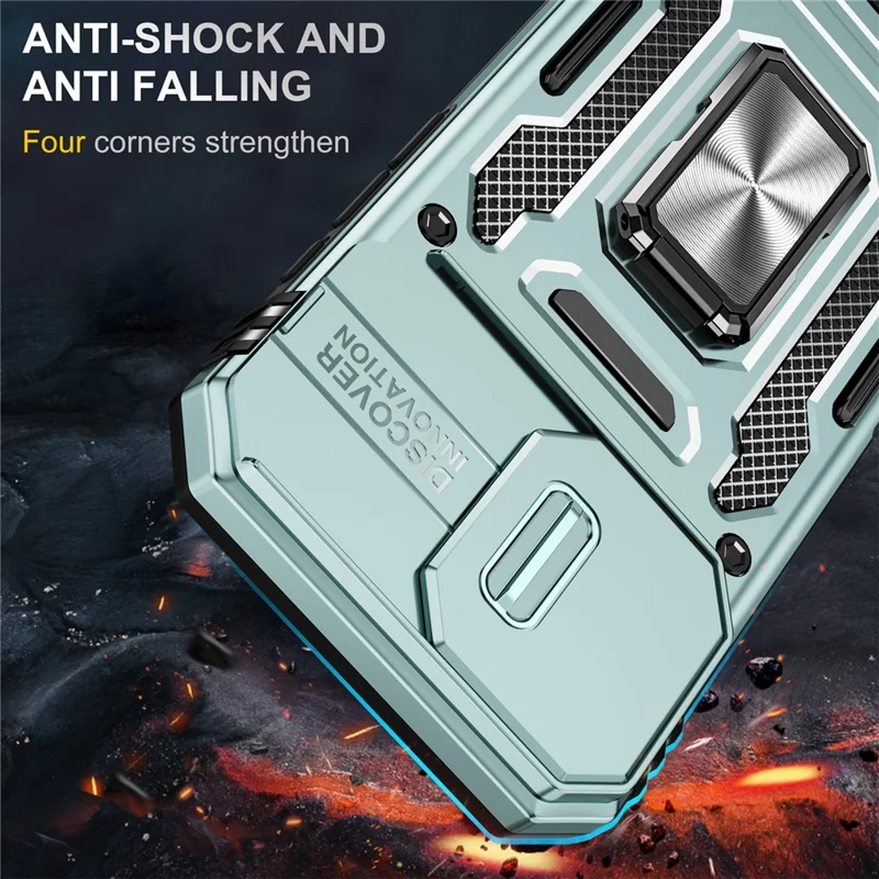 Coque iPhone 17 avec Béquille, Couvercle de Lentille Coulissant, PC + TPU Antichoc - Vert