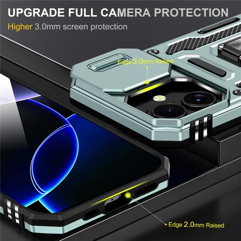 Coque iPhone 17 avec Béquille, Couvercle de Lentille Coulissant, PC + TPU Antichoc - Vert