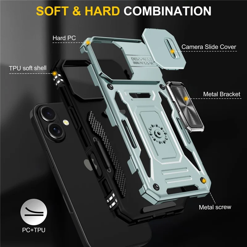 Coque iPhone 17 avec Béquille, Couvercle de Lentille Coulissant, PC + TPU Antichoc - Vert
