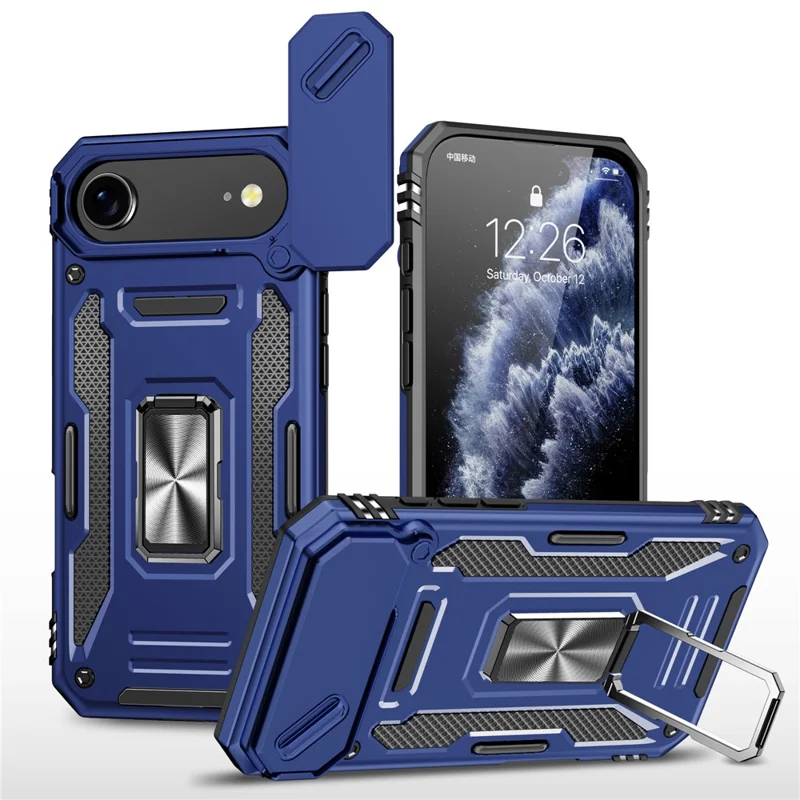 For iPhone Air Case Kickstand Slide Lens Lid PC + TPU Drop-Proof Phone Cover - Navy Blue