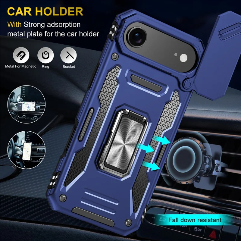 For iPhone Air Case Kickstand Slide Lens Lid PC + TPU Drop-Proof Phone Cover - Navy Blue