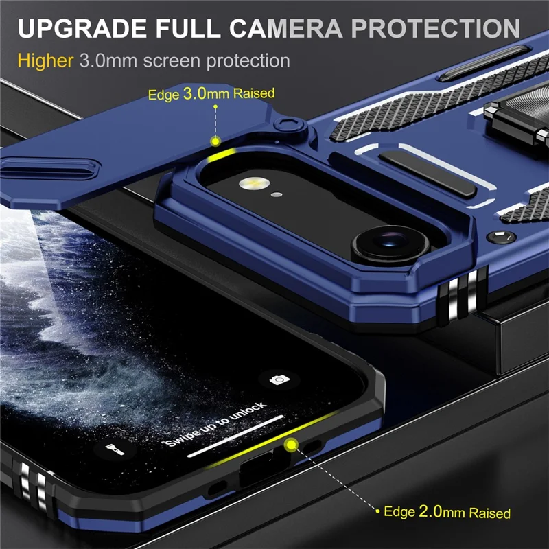 For iPhone Air Case Kickstand Slide Lens Lid PC + TPU Drop-Proof Phone Cover - Navy Blue