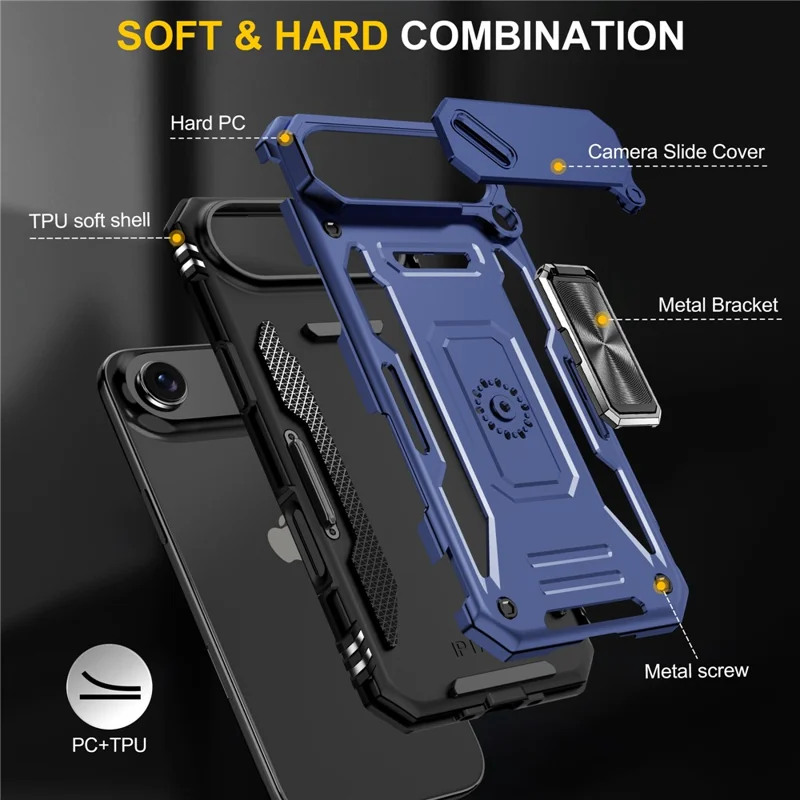 For iPhone Air Case Kickstand Slide Lens Lid PC + TPU Drop-Proof Phone Cover - Navy Blue