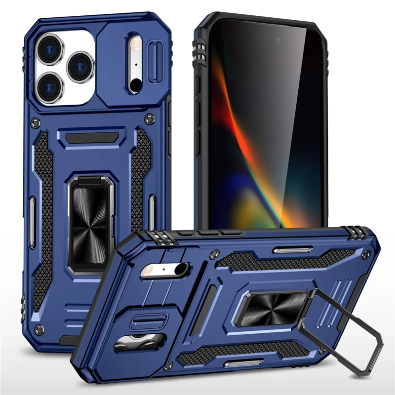 For iPhone 17 Pro Case Kickstand Slide Lens Lid PC + TPU Drop-Proof Phone Cover - Navy Blue