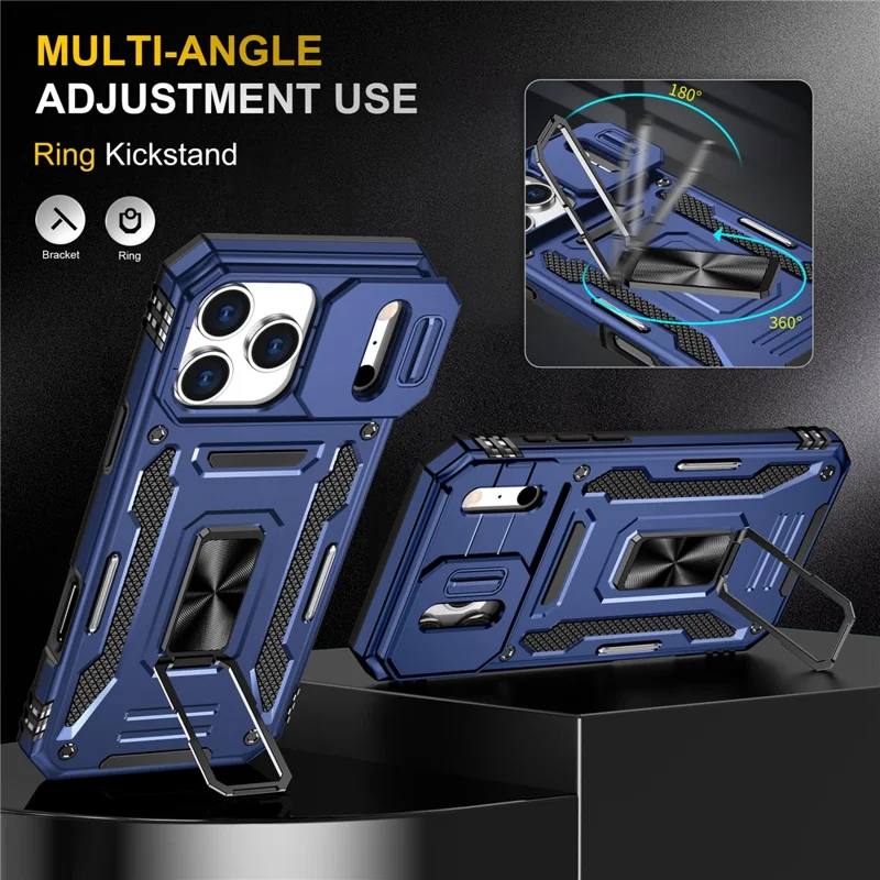 For iPhone 17 Pro Case Kickstand Slide Lens Lid PC + TPU Drop-Proof Phone Cover - Navy Blue