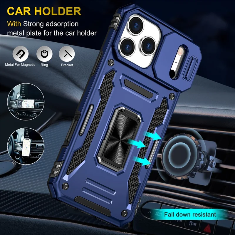 For iPhone 17 Pro Case Kickstand Slide Lens Lid PC + TPU Drop-Proof Phone Cover - Navy Blue