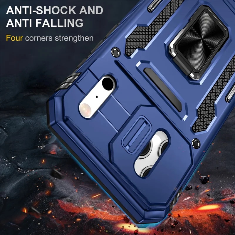 For iPhone 17 Pro Case Kickstand Slide Lens Lid PC + TPU Drop-Proof Phone Cover - Navy Blue